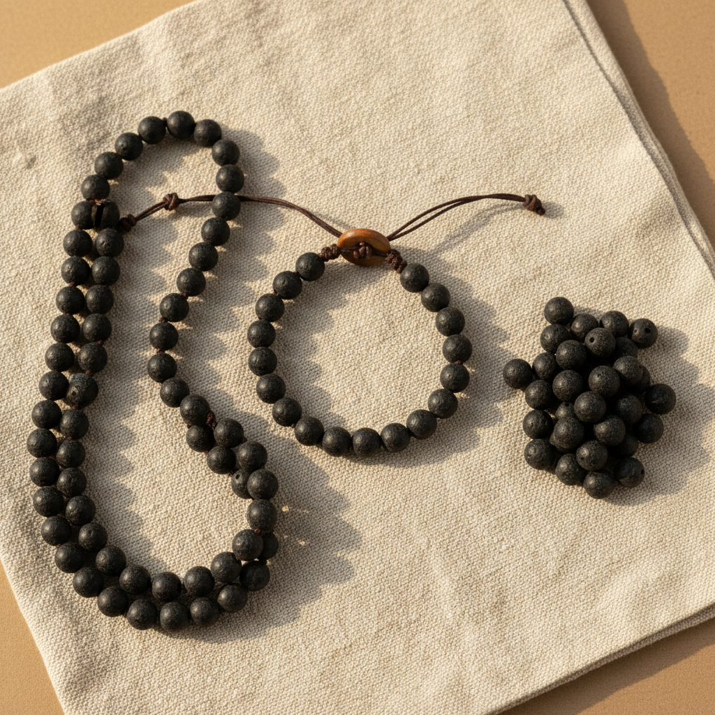 Black recycled African glass round beads 12mm used in boho bracelet and necklace jewelry making on linen cloth