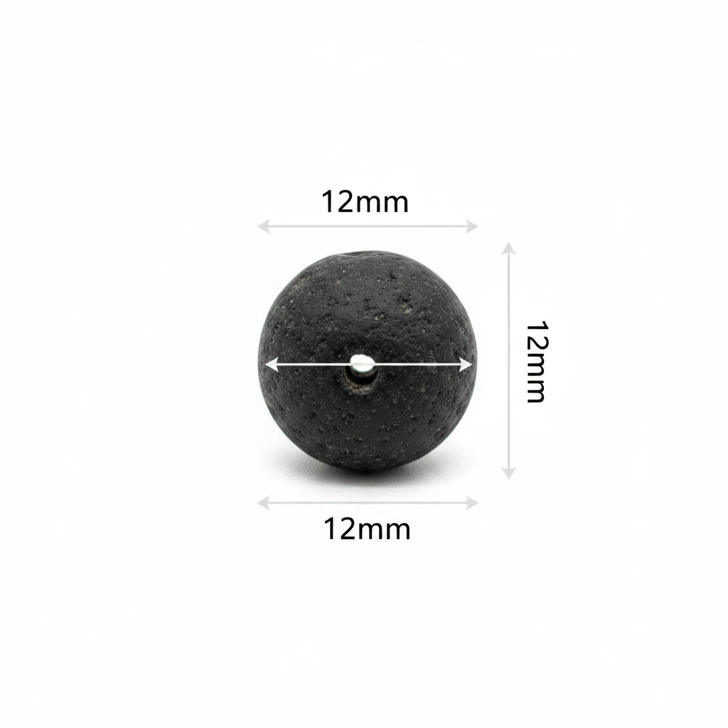 Single black recycled African glass round bead 12mm with measurement arrows showing diameter