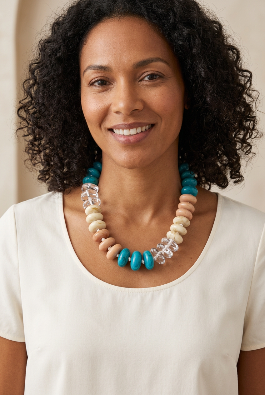 AI-generated styling reference of a model wearing a teal, peach, cream, and clear resin bead necklace