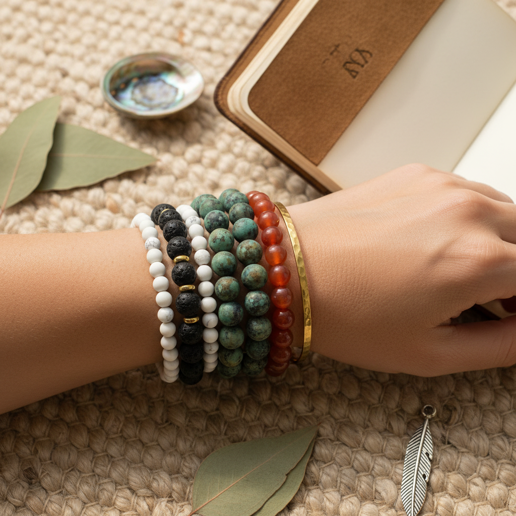 "Handmade bracelet stack made with matte African turquoise jasper beads"