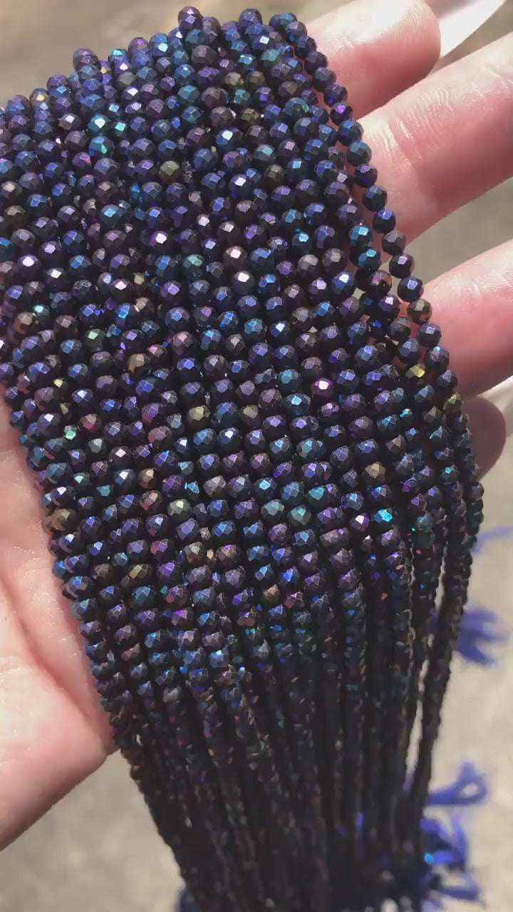 Rainbow AB Coated Black Spinel Round Beads - 3mm Faceted
