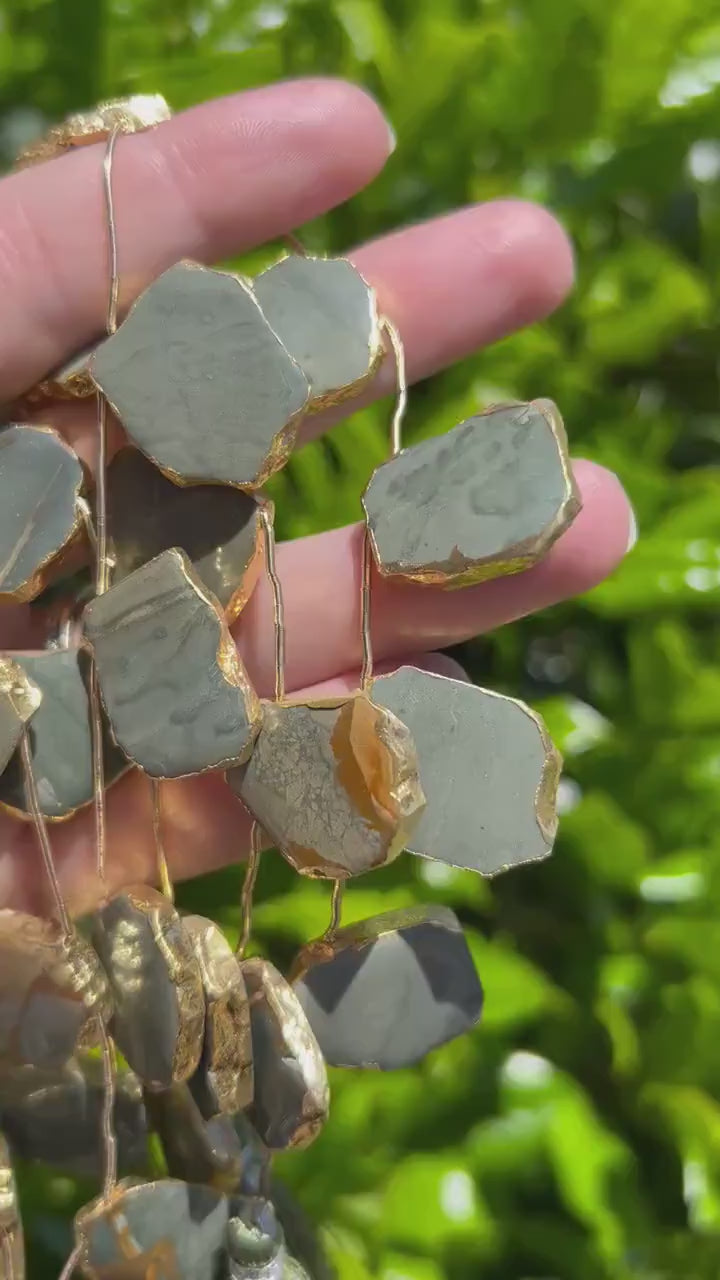 Green Jasper Beads | Gold Electroplated Top Drilled Jasper Slab Beads