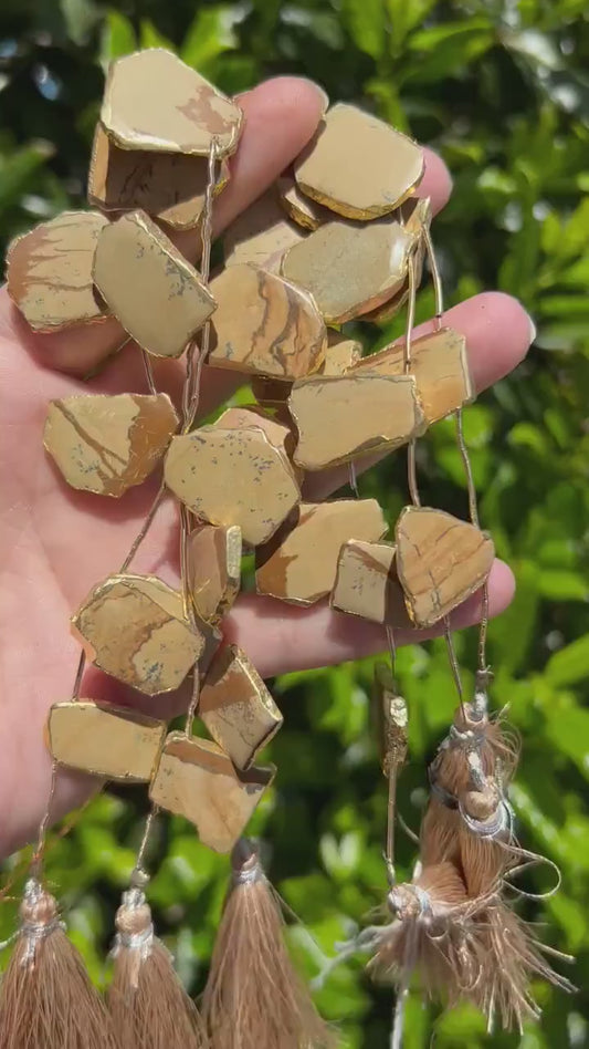 Picture Jasper Slab Beads with Gold Electroplating - Smooth Top Drilled Beads