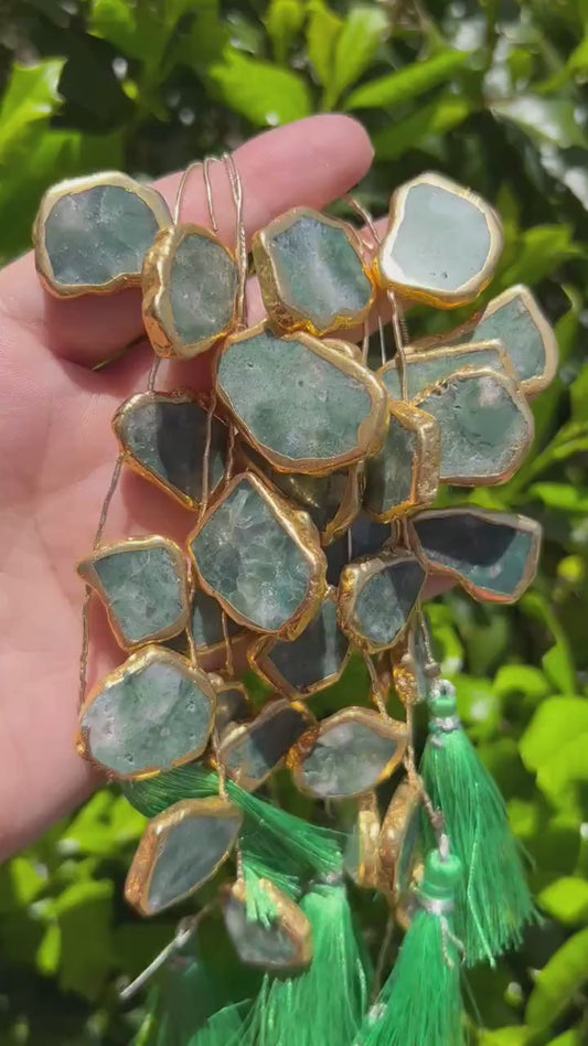 Moss Agate Beads - Gold Electroplated Moss Agate Top Drilled Semi Precious Indian Gemstone Beads - 16mm x 26mm