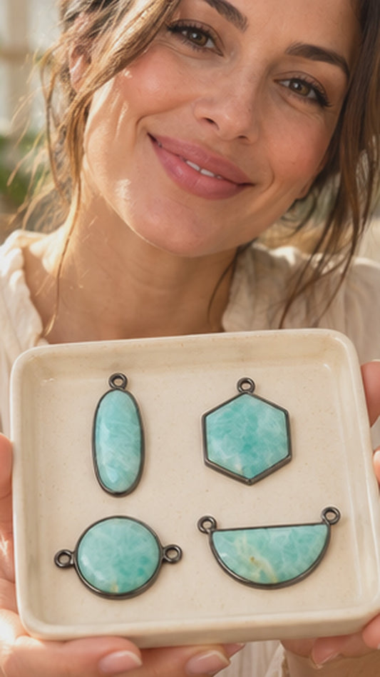 Natural Amazonite Bezel Pendants & Connectors – Gunmetal Plated