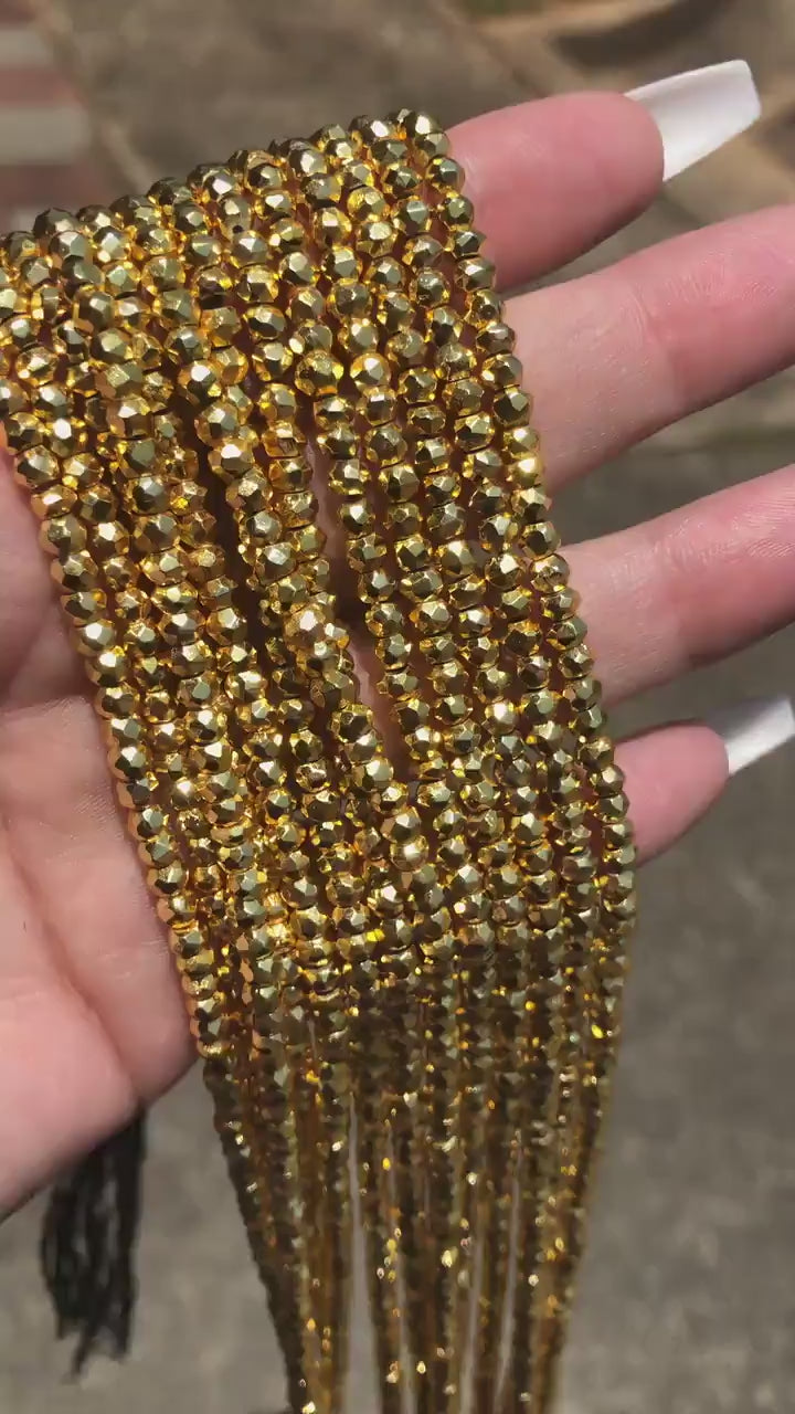 Pyrite Beads | 3mm Faceted Deep Gold Plated Natural AAA Pyrite Rondelle Shaped Beads - Hand-Cut Indian Gemstone