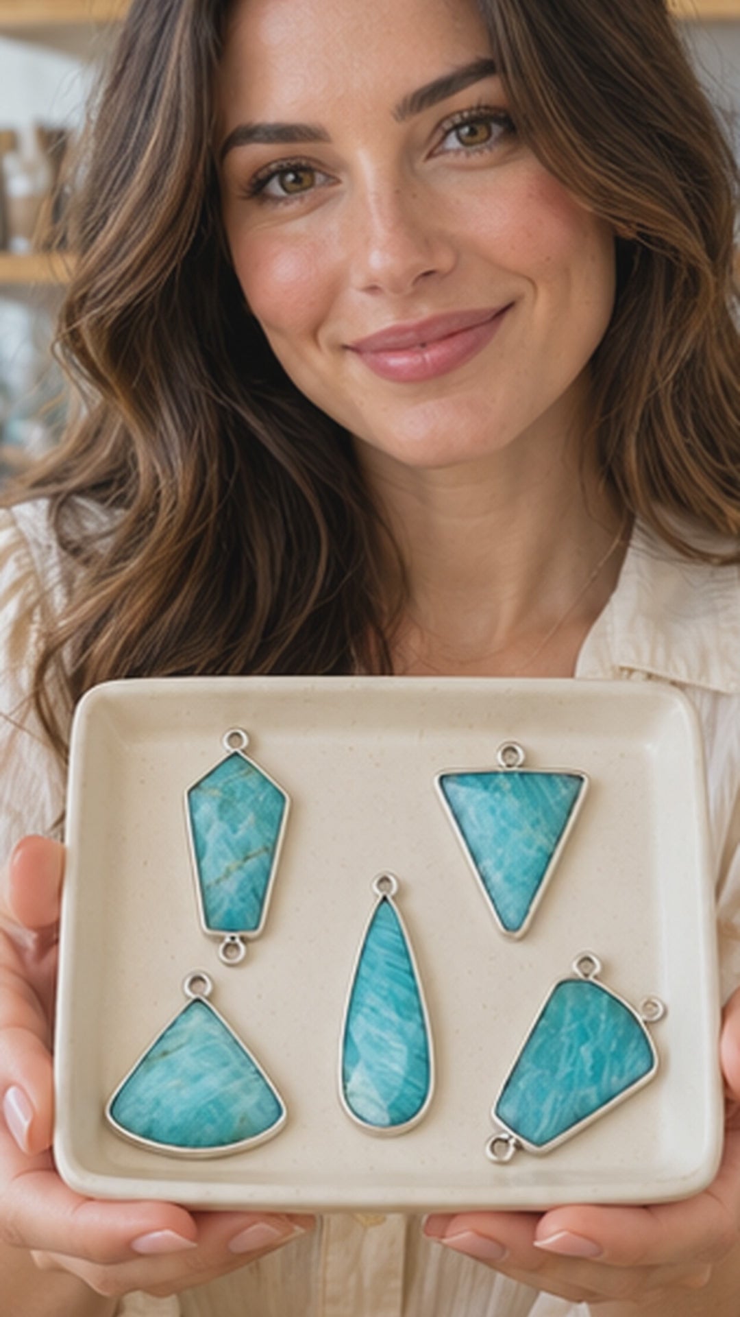 Blue-Green Amazonite Bezel Connectors & Pendants – Silver Finish