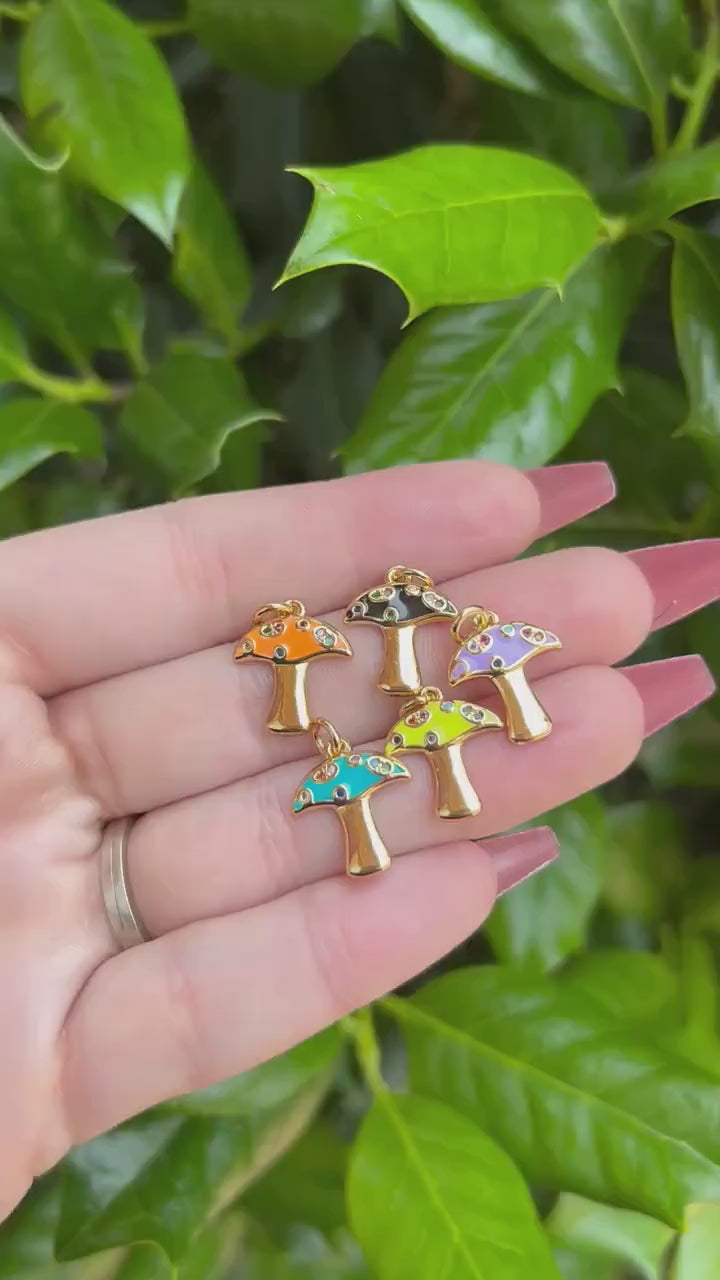 Mushroom Charms for Bracelet - Gold and Enamel Pendant for Jewelry