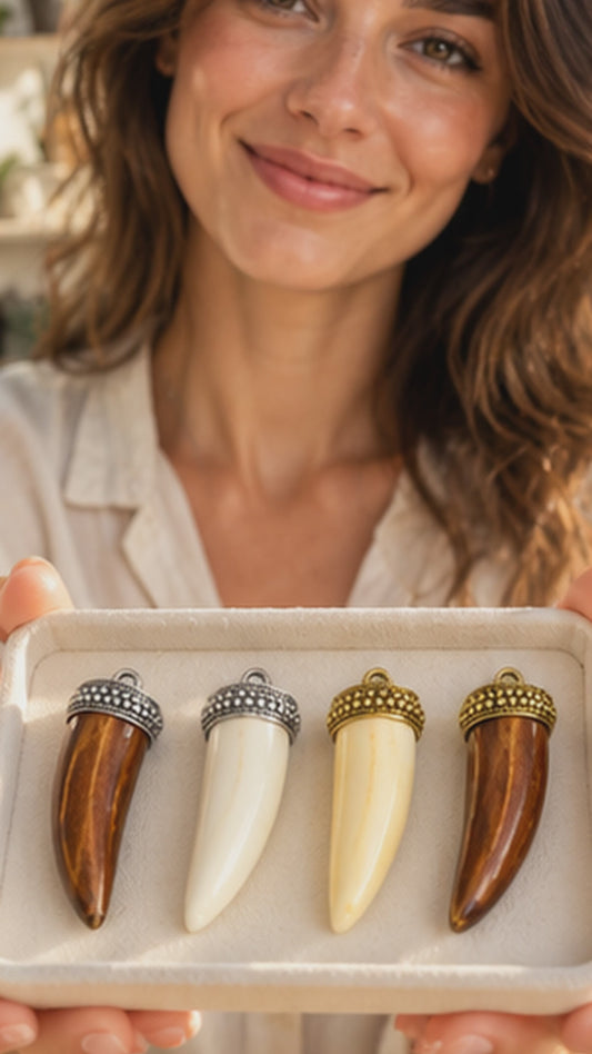 Ox Bone Tusk Pendant with Dotted Cap, 22 × 60 mm