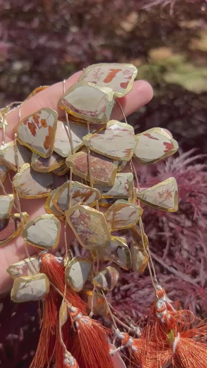 Brecciated Mookaite Jasper Slab Beads - Faceted with Gold Electroplated Edge