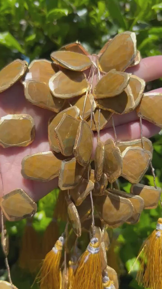 Honey Jasper Slab Beads - Faceted Top Drilled Beads with Gold Electroplating