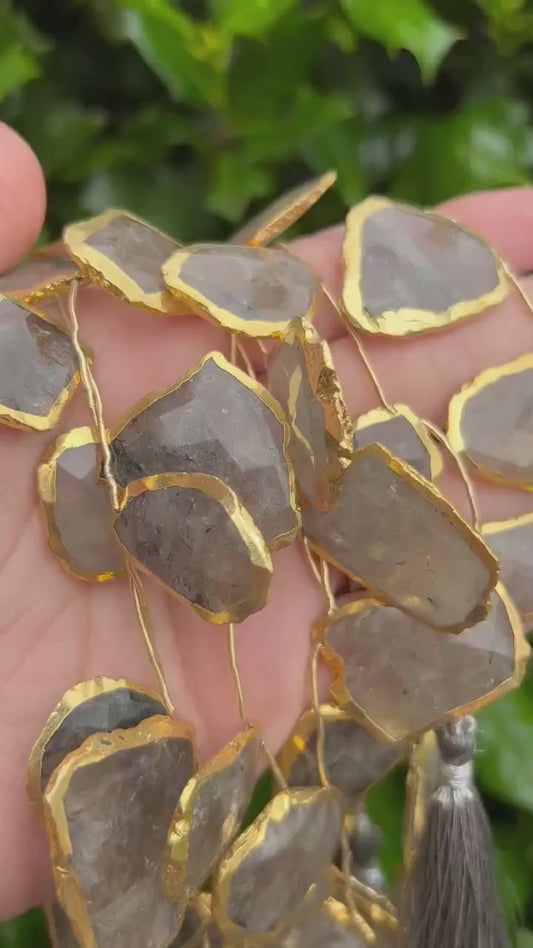 Gold Electroplated Rutilated Quartz Top-Drilled Beads - 9.5 inch Strand | Faceted Freeform Slab Shape | Natural Gemstone Beads