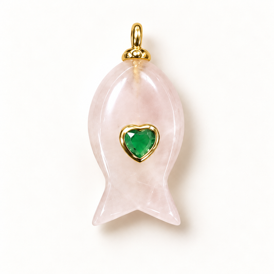Gemstone Fish Charms with Heart-Shaped CZ Accents – Gold Tone