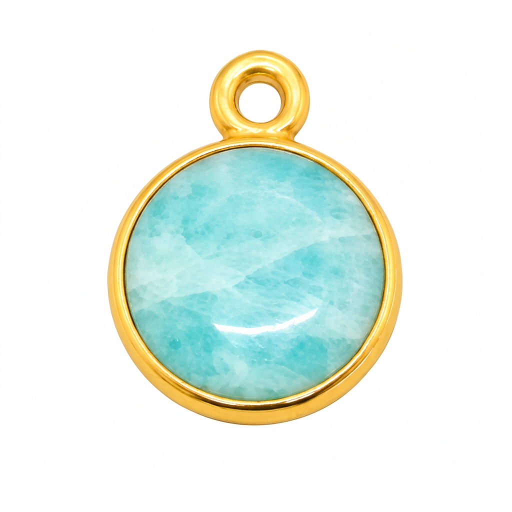  “Round blue-green amazonite pendant in a gold-plated bezel with one loop at the top.