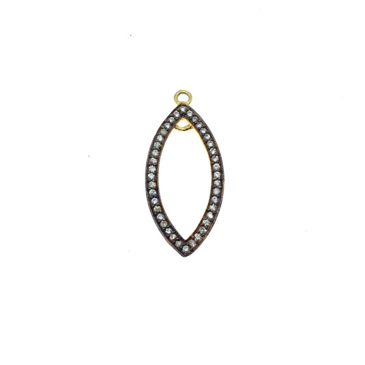 Medium Oxidized Gold Plated CZ Cubic Zirconia Inlaid Inner Ring Marquise Shaped Copper Focal Pendant - Measuring 12mm x 24mm, Approximately