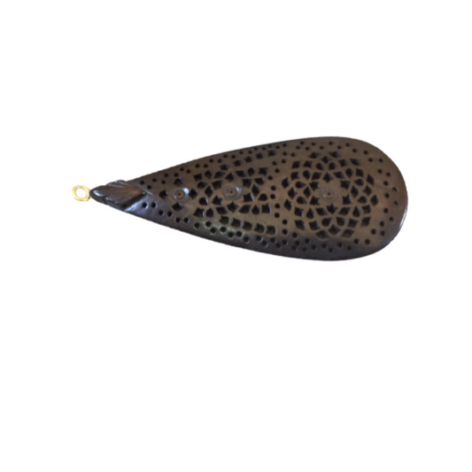 Large Sized Black/Brown Natural Ox Bone Teardrop Shaped Pendant with Carved Floral/Mandala Designs - Measuring 38mm x 90mm Approximately