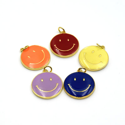 A variety of colorful enamel charms shaped like happy faces, perfect for making unique jewelry pieces.