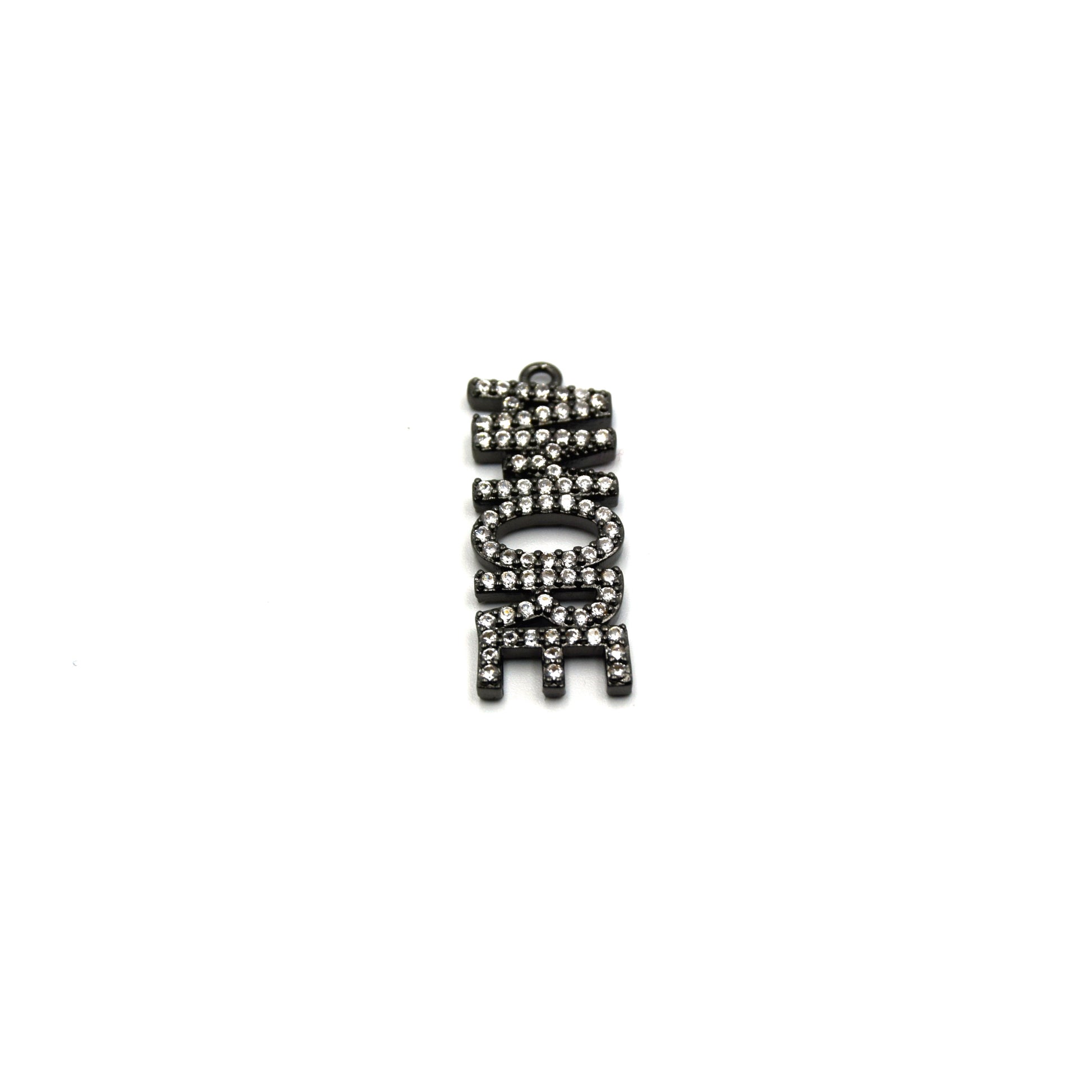A black cubic zirconia charm shaped into the word "Amore", perfect for expressing your love and affection.