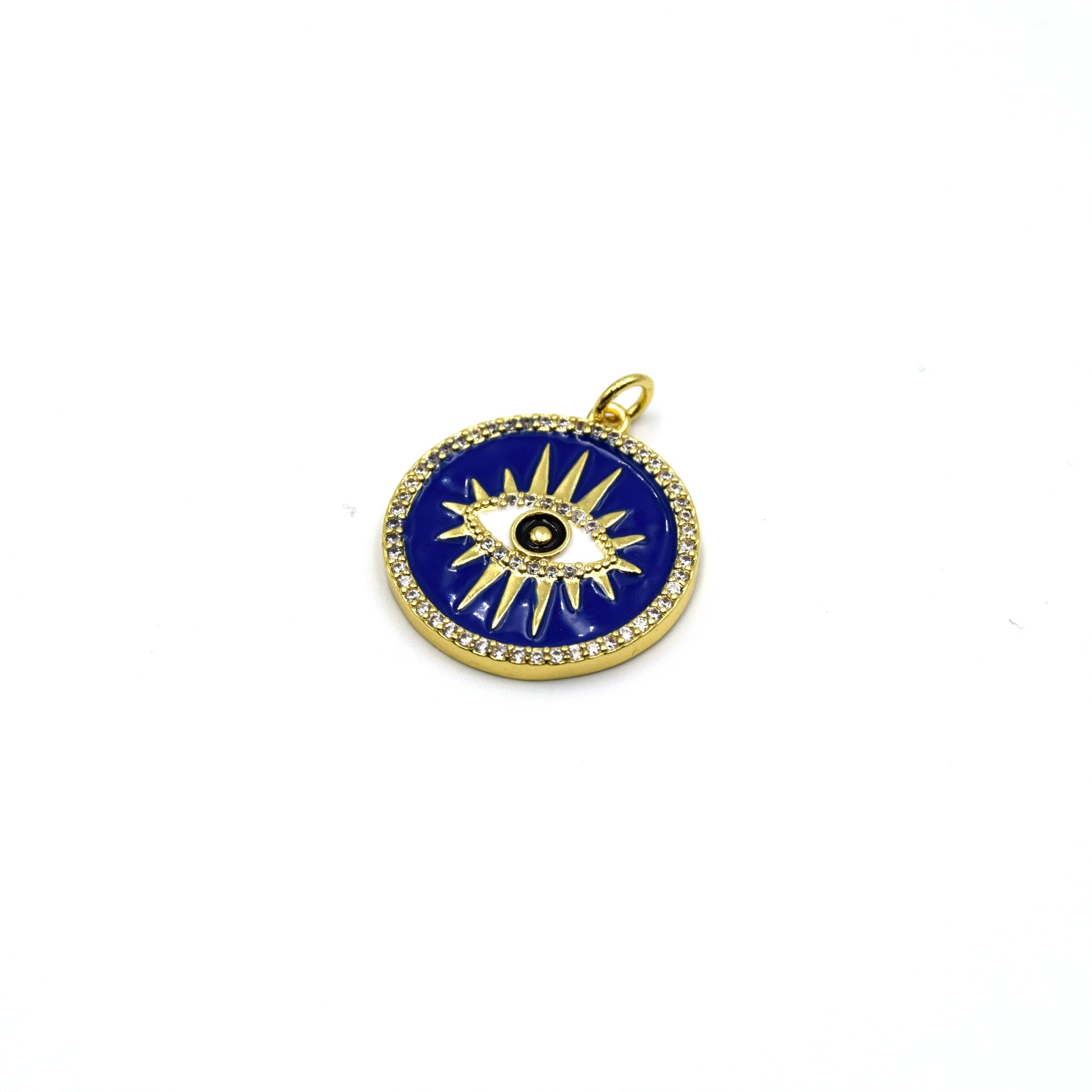 This stunning blue enamel evil eye charm is sure to add a touch of sophistication to your look. The eye itself is crafted from black enamel and finished with white cz stones for a subtle sparkle. 