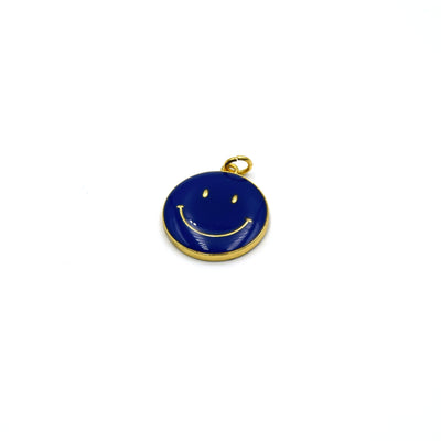 This gold plated blue enamel charm is shaped like a smiley face and is perfect for making jewelry.