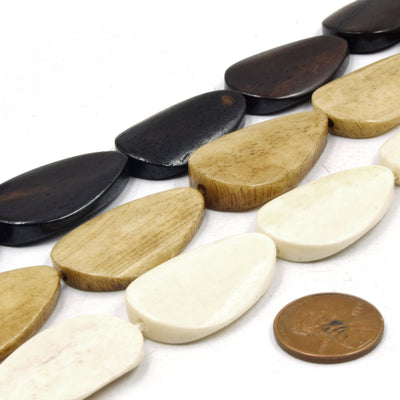 Bone Beads | Flat Oval/Egg Shaped Ox Bone Beads with 2mm Holes | White Brown Dark Brown Available