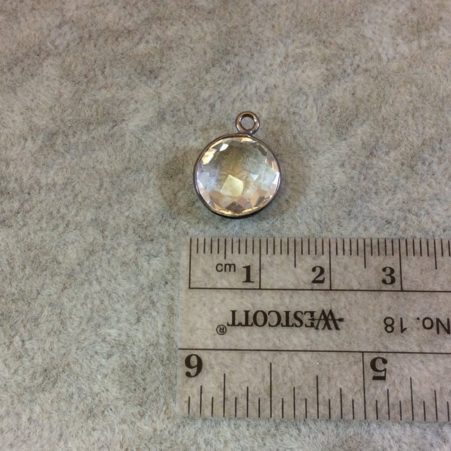 Gunmetal Plated Faceted Clear Hydro (Lab Created) Quartz Round/Coin Shaped Bezel Pendant - Measuring 12mm x 12mm - Sold Individually