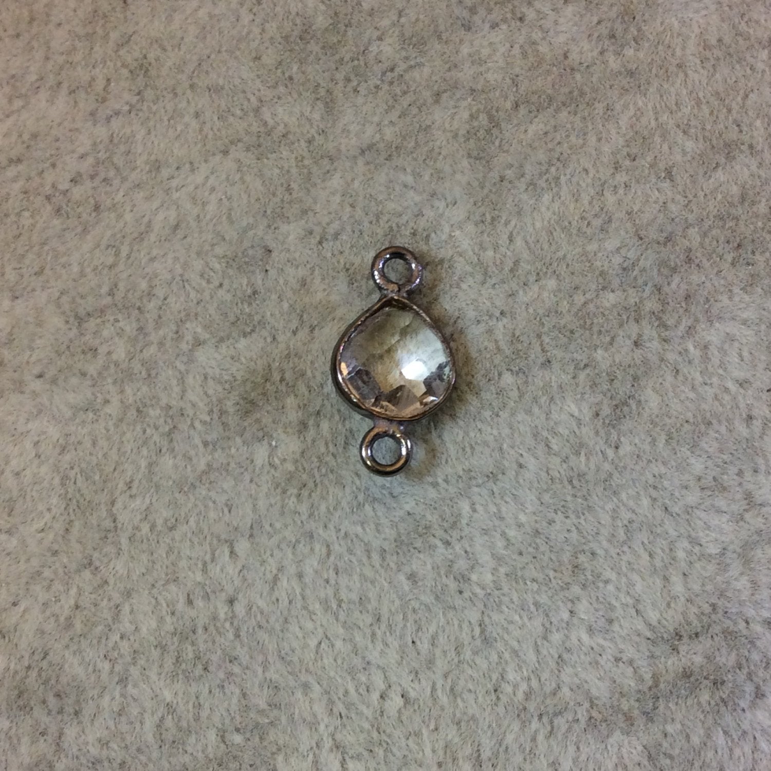 Gunmetal Plated Faceted Clear Hydro (Lab Created) Quartz Heart/Teardrop Shaped Bezel Connector - Measuring 8mm x 8mm - Sold Individually