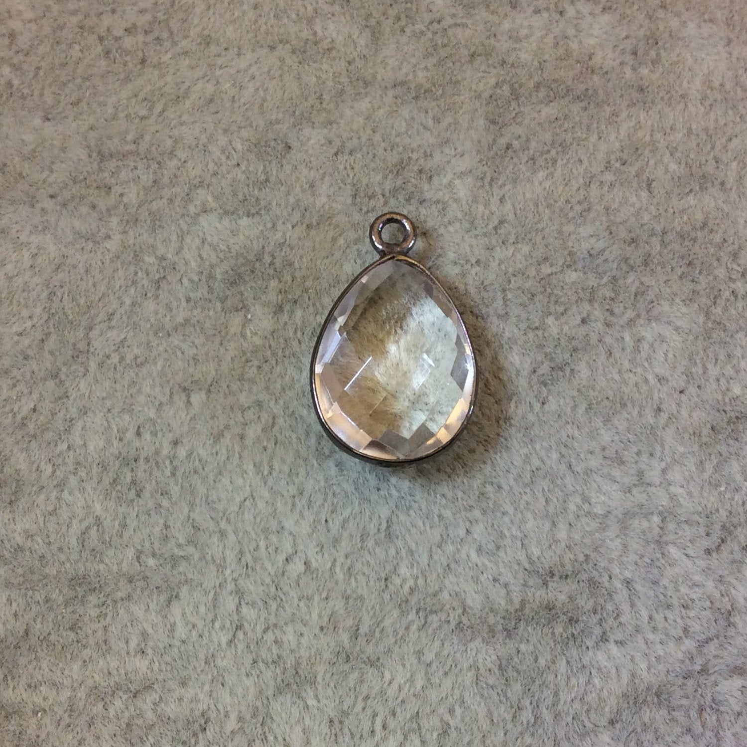 Gunmetal Plated Faceted Clear Hydro (Lab Created) Quartz Pear/Teardrop Shaped Bezel Pendant - Measuring 12mm x 16mm - Sold Individually