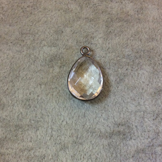 Gunmetal Plated Faceted Clear Hydro (Lab Created) Quartz Pear/Teardrop Shaped Bezel Pendant - Measuring 12mm x 16mm - Sold Individually