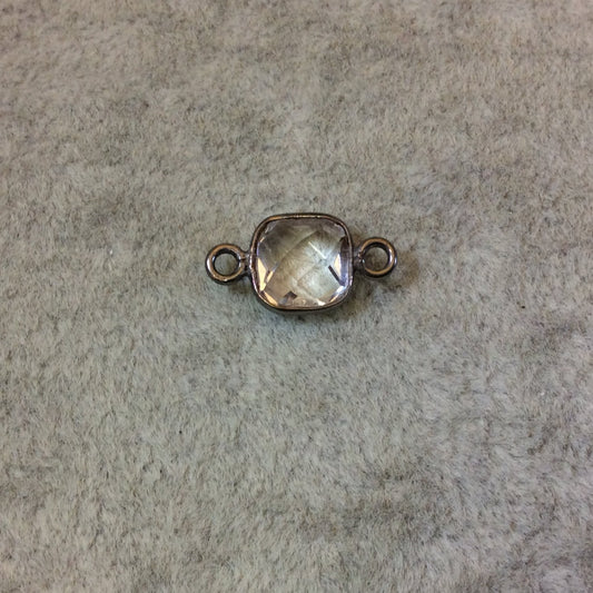 Gunmetal Plated Faceted Clear Hydro (Lab Created) Quartz Square Shaped Bezel Connector - Measuring 8mm x 8mm - Sold Individually