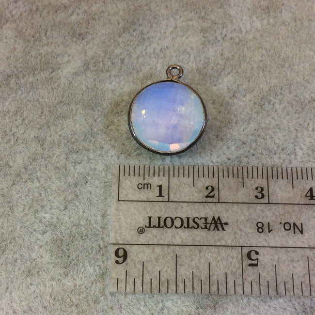 Gunmetal Plated Faceted White Opalite (Manmade Glass) Round/Coin Shaped Bezel Pendant - Measuring 15mm x 15mm - Sold Individually