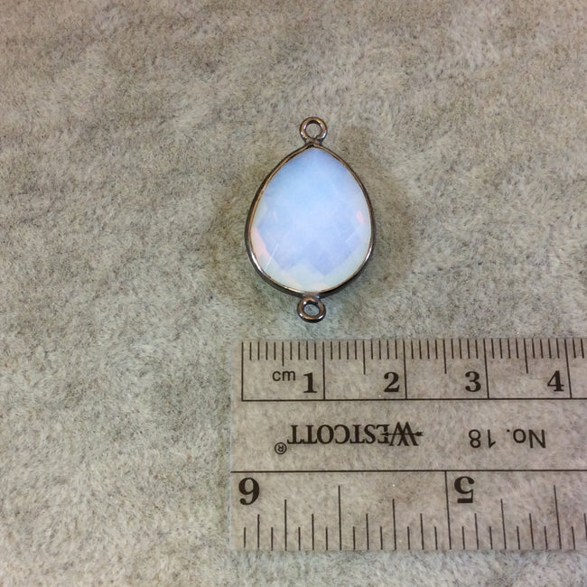 Gunmetal Plated Faceted Milky Opalite (Manmade Glass) Pear/Teardrop Shaped Bezel Connector - Measuring 15mm x 20mm - Sold Individually