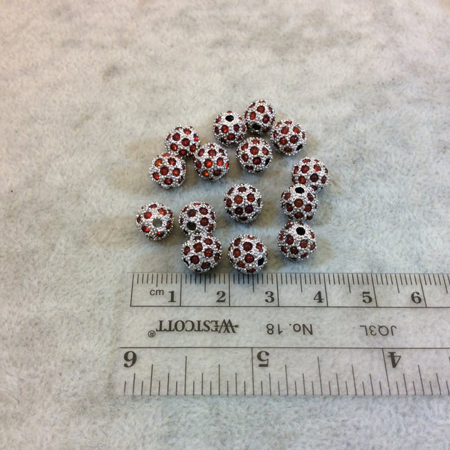 9mm Pave Style Red Glass Encrusted Silver Plated Round/Ball Shaped Beads with 1.5mm Holes - Sold Individually - Elegant Metal Beads