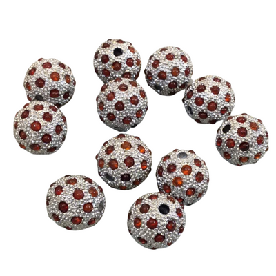 11mm Pave Style Red Glass Encrusted Silver Plated Round/Ball Shaped Beads with 1.5mm Holes - Sold Individually - Elegant Metal Beads
