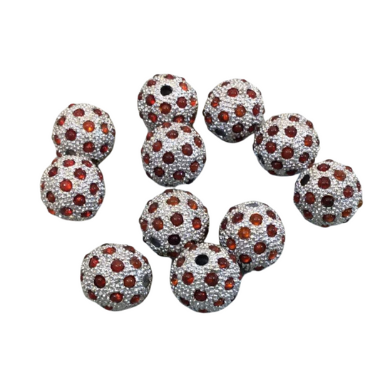 11mm Pave Style Red Glass Encrusted Silver Plated Round/Ball Shaped Beads with 1.5mm Holes - Sold Individually - Elegant Metal Beads