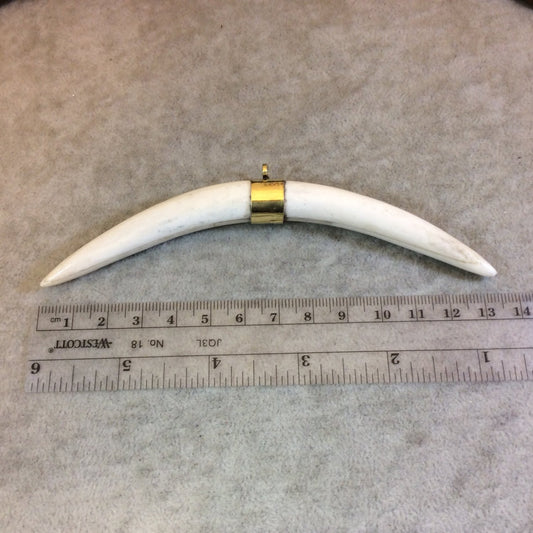 5" White/Ivory Long Skinny Banana Tusk Shaped Natural Ox Bone Pendant with Plain Gold Plated Bail - Measuring 12 x 133mm - (TR117-WH)