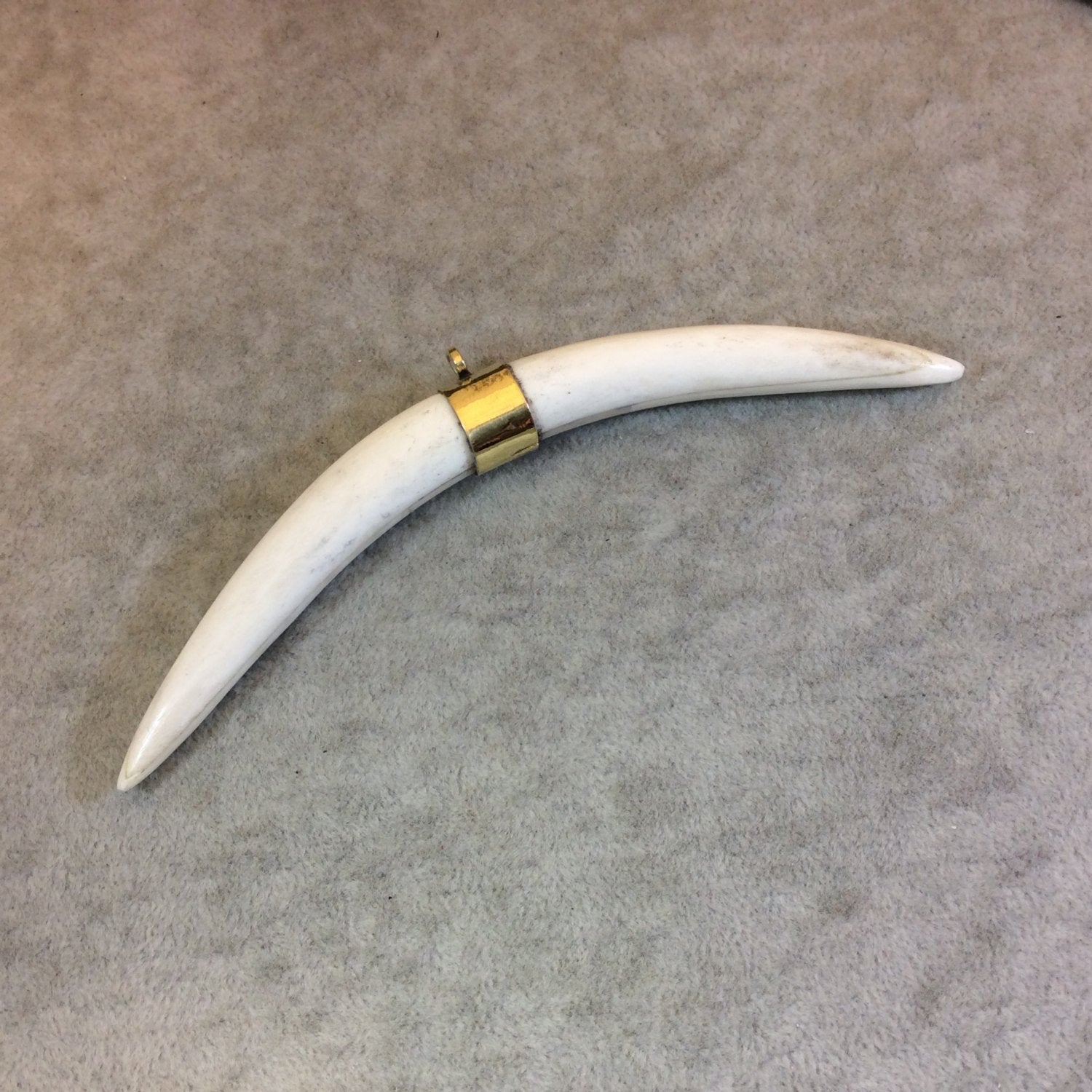 5" White/Ivory Long Skinny Banana Tusk Shaped Natural Ox Bone Pendant with Plain Gold Plated Bail - Measuring 12 x 133mm - (TR117-WH)