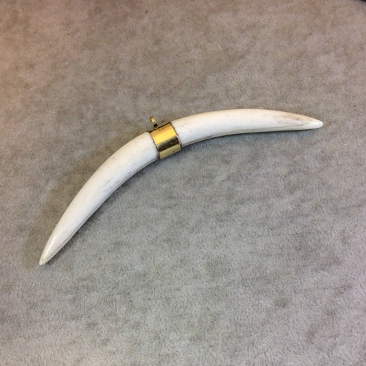 5" White/Ivory Long Skinny Banana Tusk Shaped Natural Ox Bone Pendant with Plain Gold Plated Bail - Measuring 12 x 133mm - (TR117-WH)