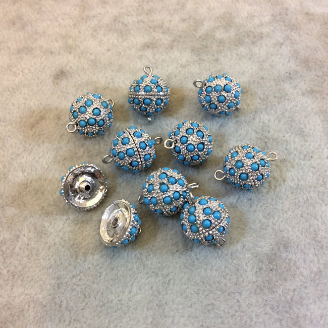 13mm Pave Style Turquoise Howlite Encrusted Silver Plated Round/Ball Shaped Threaded Twist Clasps- Sold Individually - Elegant and Classy