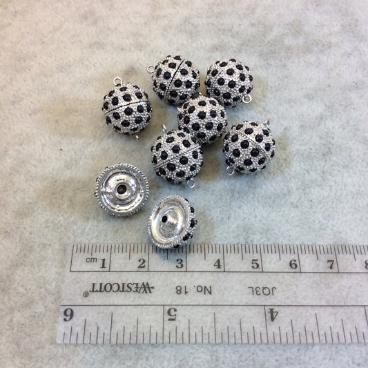 15mm Pave Style Jet Black Glass Encrusted Silver Plated Round/Ball Shaped Threaded Twist Clasps- Sold Individually - Elegant and Classy