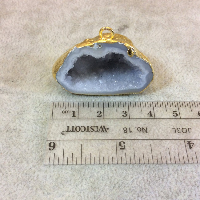 OOAK Large Gold Electroplated Light Gray Druzy Geode Agate Freeform Shaped Unique Focal Pendant - Measuring 39mm x 25mm Approximately
