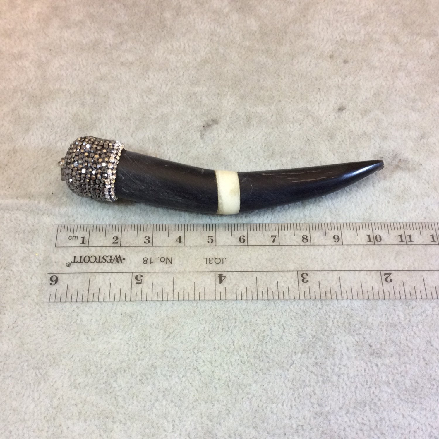 4" Pave Rhinestone Encrusted Natural Black/White Ox Bone Tusk Shaped Pendant with Gray/White Rhinestones - Measuring 18mm x 100mm, Approx.