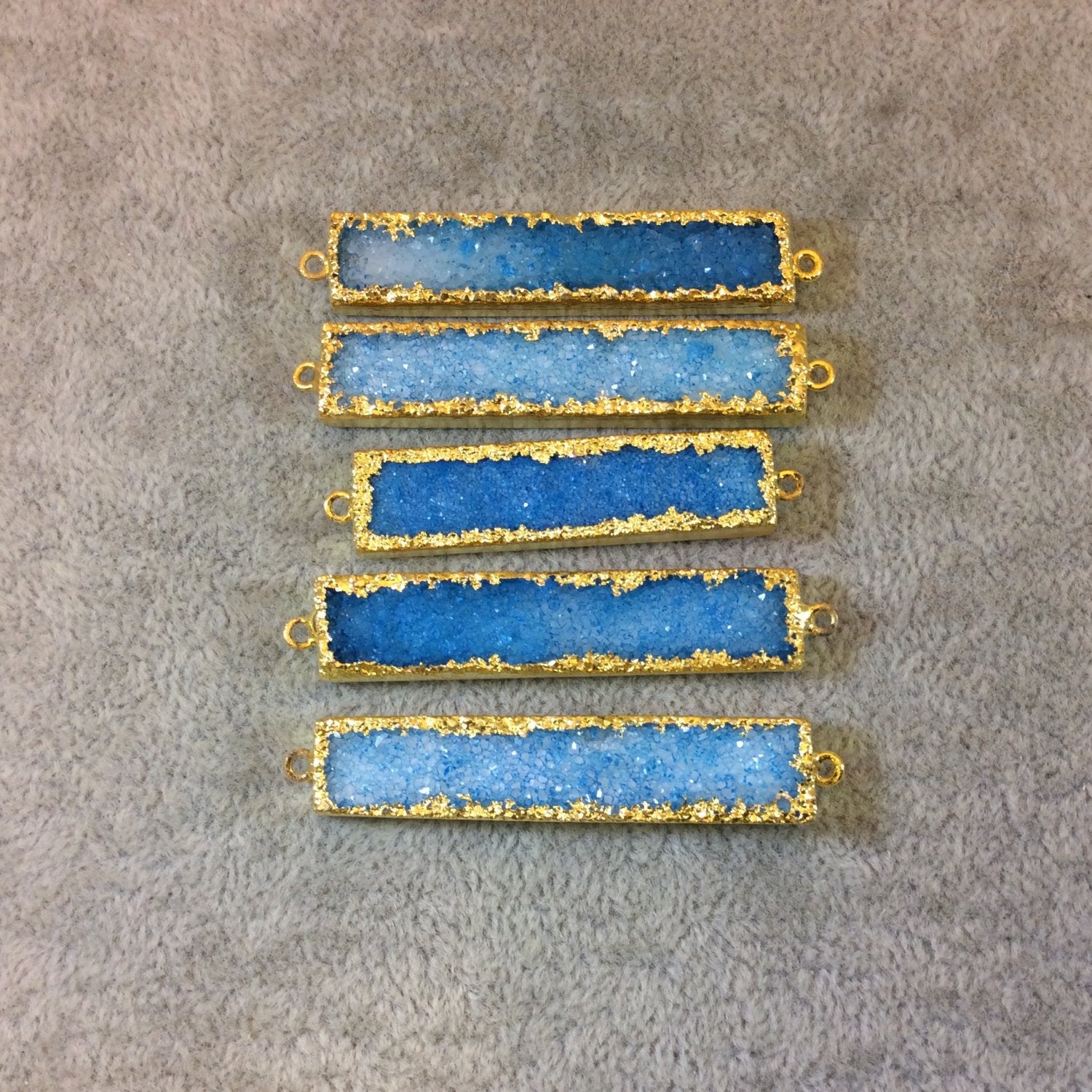 Premium Gold Plated Bar/Rectangle Shaped Blue Druzy Connector - Measuring 50-55mm x 10mm, Approx. - Sold Individually, Chosen Random