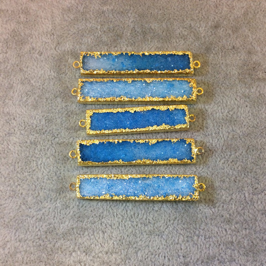 Premium Gold Plated Bar/Rectangle Shaped Blue Druzy Connector - Measuring 50-55mm x 10mm, Approx. - Sold Individually, Chosen Random