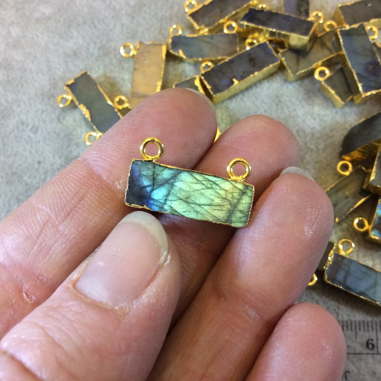 Gold Electroplated Bar/Rectangle Shaped Assorted Labradorite Pendants - Measuring 20mm x 8mm, Approx. - Sold Individually, Chosen Randomly