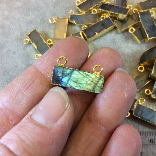 Gold Electroplated Bar/Rectangle Shaped Assorted Labradorite Pendants - Measuring 20mm x 8mm, Approx. - Sold Individually, Chosen Randomly