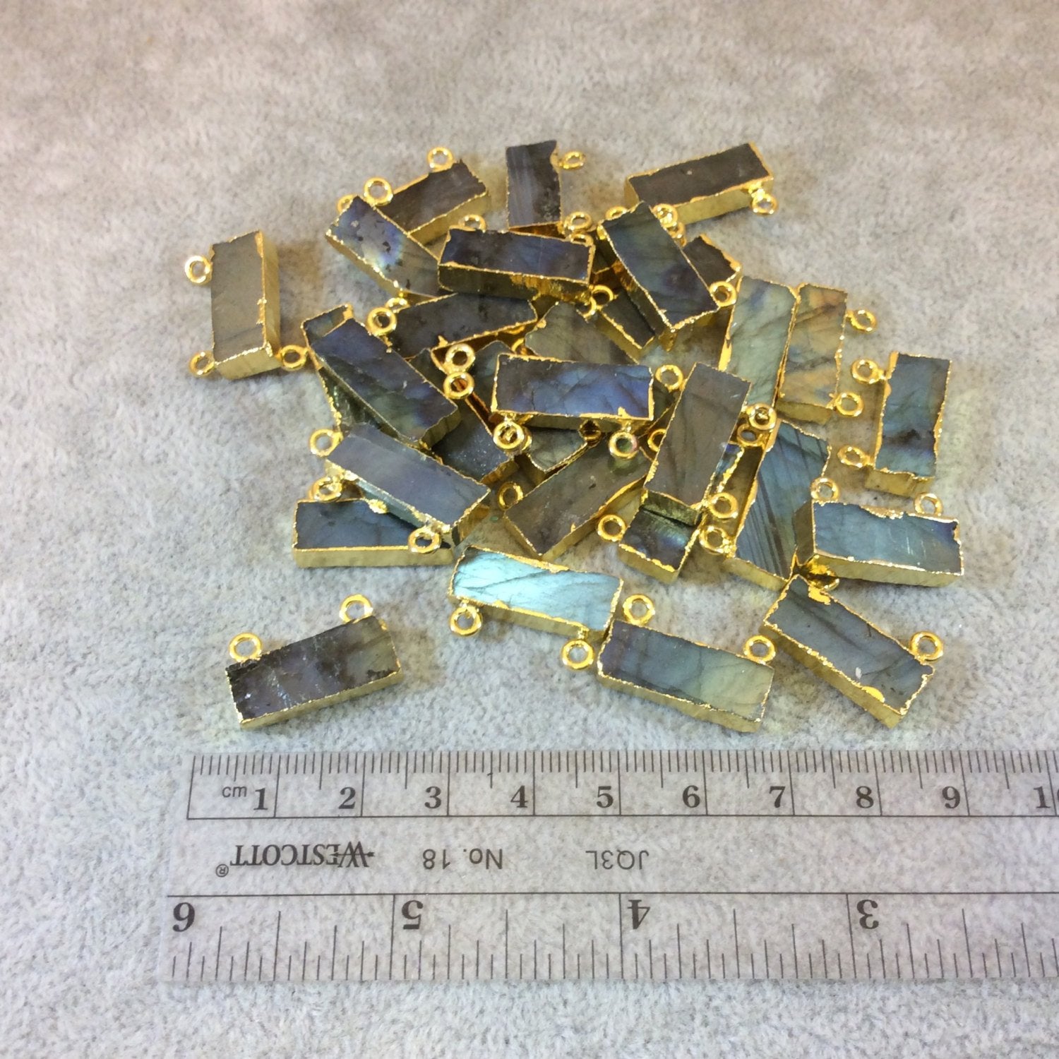 Gold Electroplated Bar/Rectangle Shaped Assorted Labradorite Pendants - Measuring 20mm x 8mm, Approx. - Sold Individually, Chosen Randomly