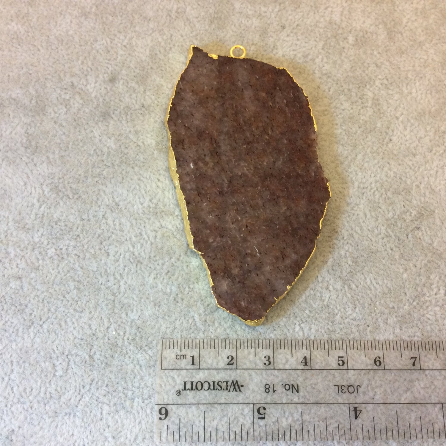 OOAK Gold Electroplated Rough/Matte Red Aventurine Freeform Shaped Slice Focal Pendant - Measuring 48mm x 85mm, Approx. - Mineral Oil
