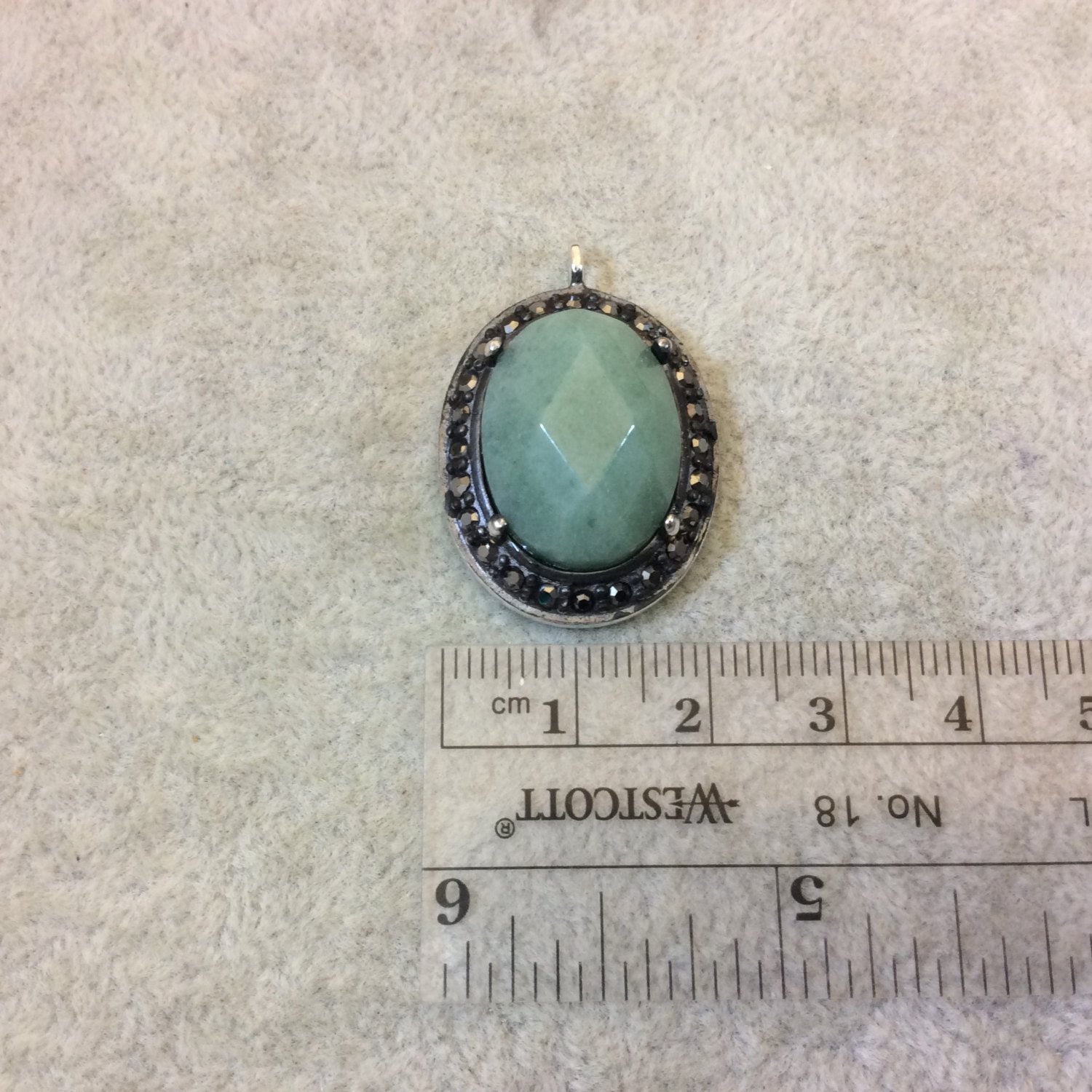 Pave Rhinestone Encrusted Faceted Natural Green Aventurine Oval Shaped Pendant with Silver Plated Setting - Measuring 21mm x 27mm, Approx.