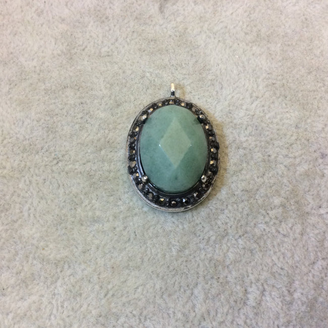Pave Rhinestone Encrusted Faceted Natural Green Aventurine Oval Shaped Pendant with Silver Plated Setting - Measuring 21mm x 27mm, Approx.